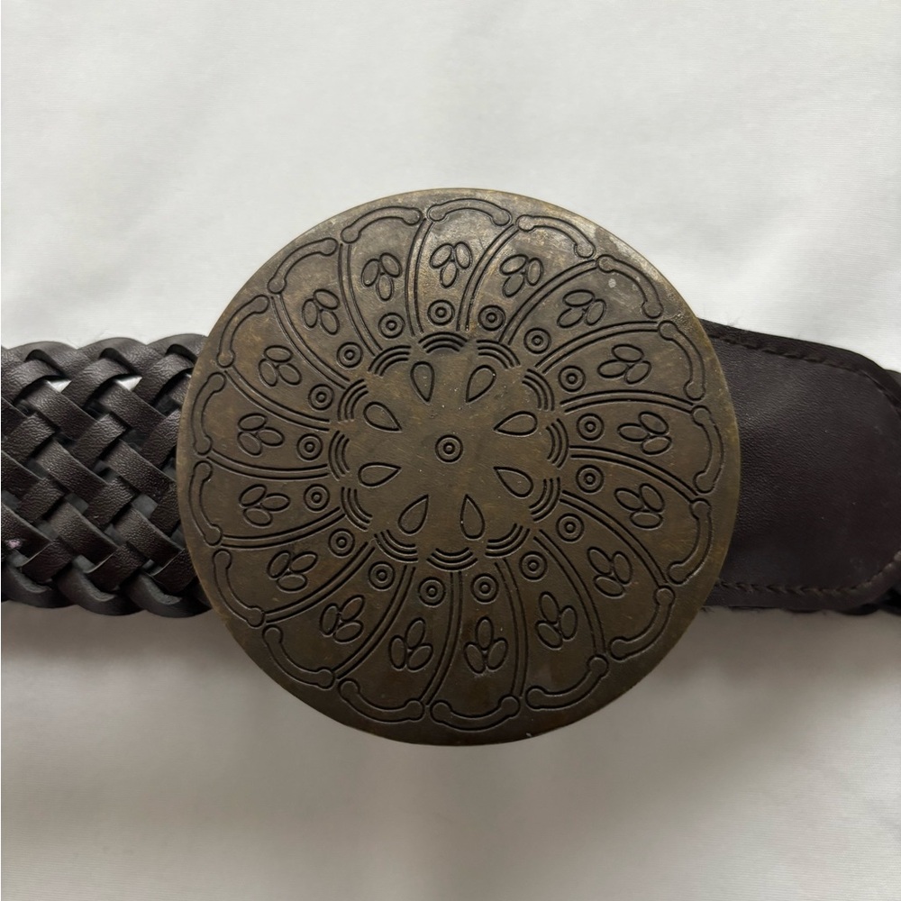 Bohemian braided leather belt with statement metal circle buckle (size OS) - Picture 4 of 8